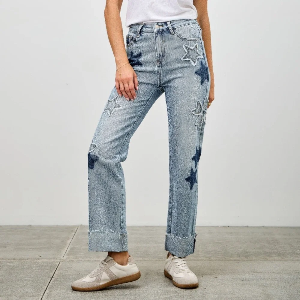 High Rise Star & Heart Patched Dad Jean W/stretch